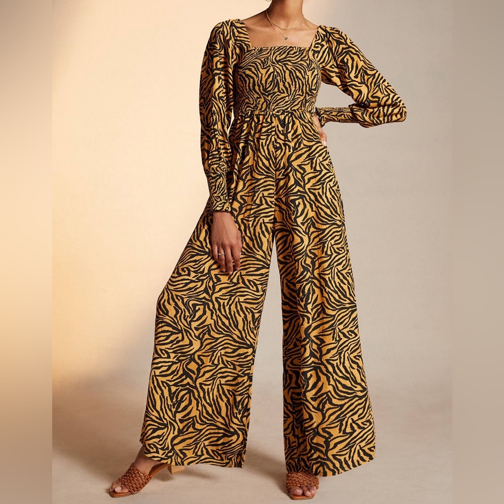 Anthropologie Kachel‎ Tiger-Striped Print Smocked Wide Leg Jumpsuit